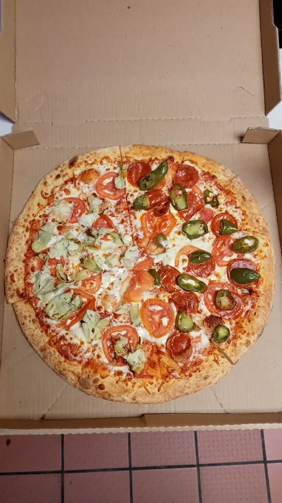 Half Pepperoni and Jalapeno and Half Artichoke and Tomato